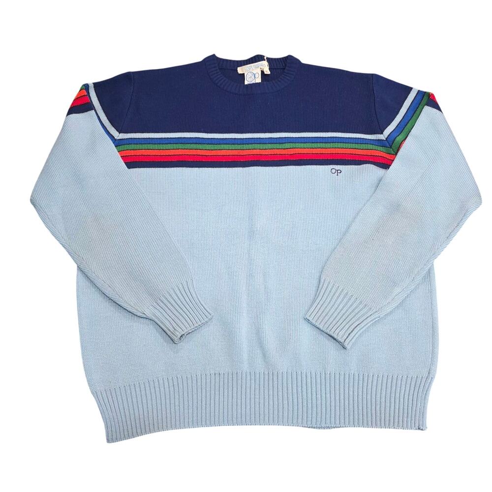 Vintage Ocean Pacific Crewneck Knit Sweater Blue Rainbow Stripe Design size XL